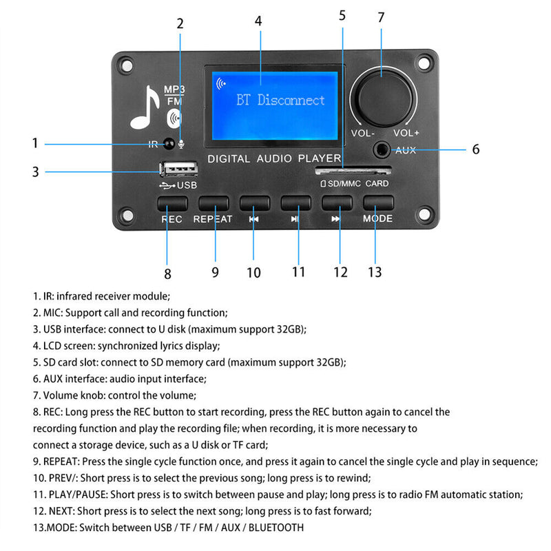 12V Bluetooth-Compatible 5.0 Amplifier WMA WAV FLAC APE MP3 Player Decoder Board