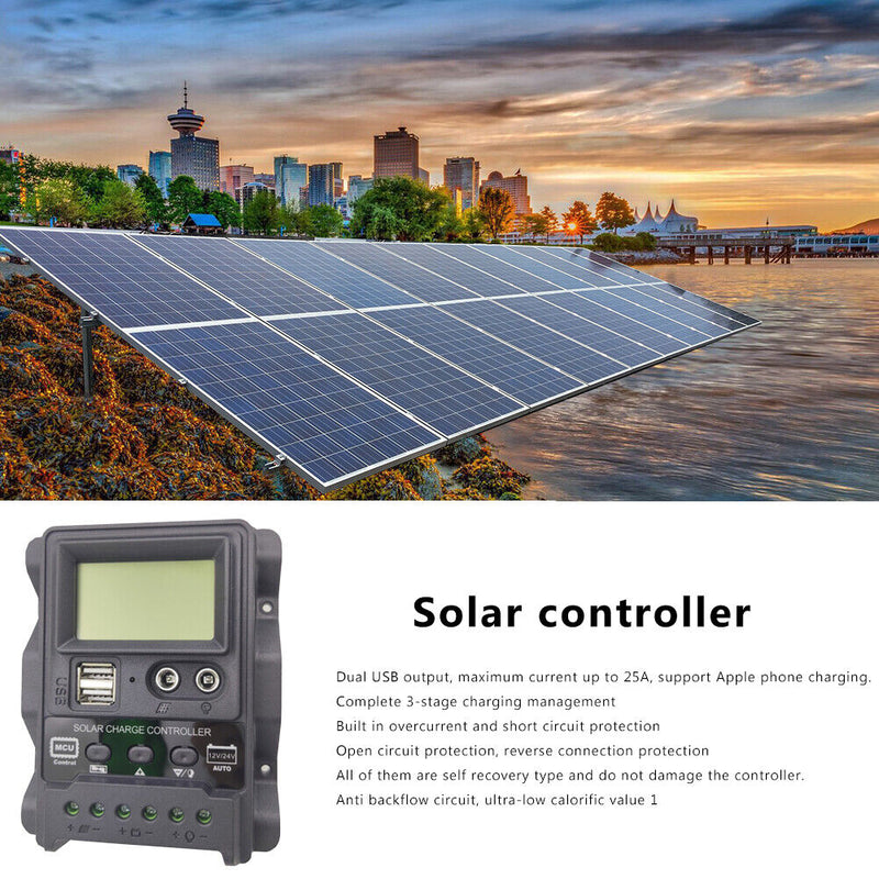 12V/24V Current Display Dual DC Solar Power Panel Charger Regulator Controller