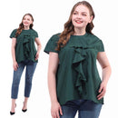 Solid Tops Women Ruffle O-neck Cup Sleeve Plus Size T-shirts (Green XXL)