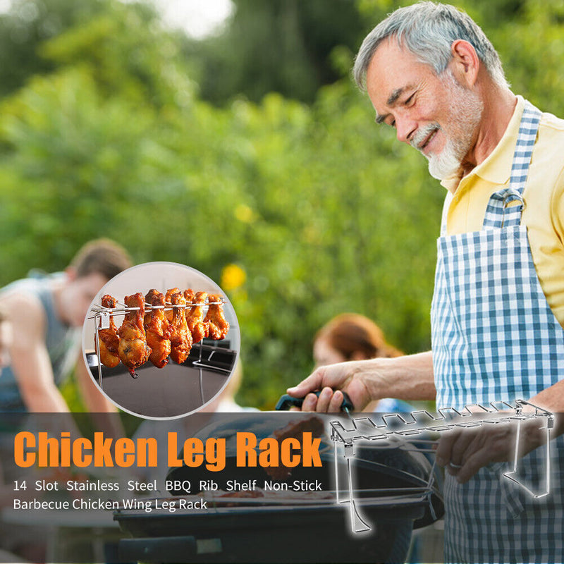 14 Stainless Steel BBQ Rib Shelf Non-Stick Barbecue Chicken Wing Leg Rack Slot
