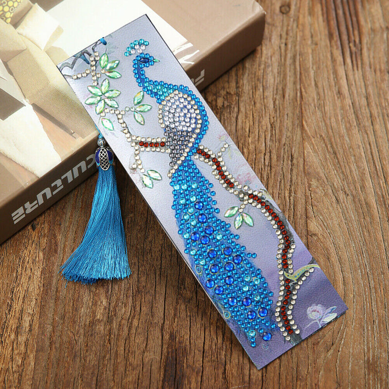 Leather Diamond Painting Special Shaped Tassel Blue Peafowl DIY Bookmark Newly