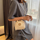 Women Straw Bucket Shoulder Bags Flower Drawstring Crossbody Pouch (Beige)