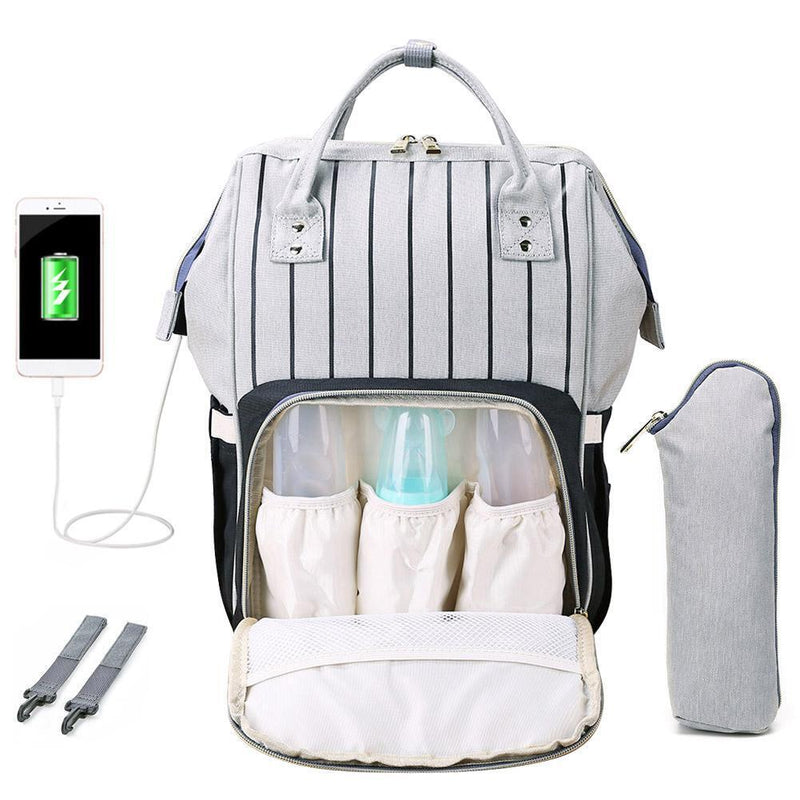 Stripes Waterproof Mummy Backpack Large USB Maternity Diaper Handbag(Black