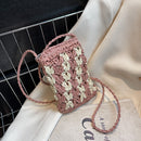 Women Hand-woven Straw Messenger Bag Bucket Small Crossbody Bag (Pink)