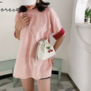 Women Drawstring Shoulder Bags Daisy Print Cherry Small Crossbody Pocket
