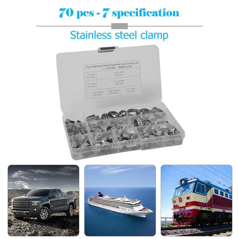 70pcs 7 Sizes Stainless Steel Single Ear Hose Clamps Fuel Air Pipe O Clips Newly