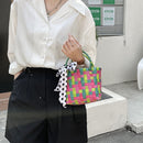 Handmade Woven Plaid Basket Tote Women Silk Scarf Small Handbag (Green)