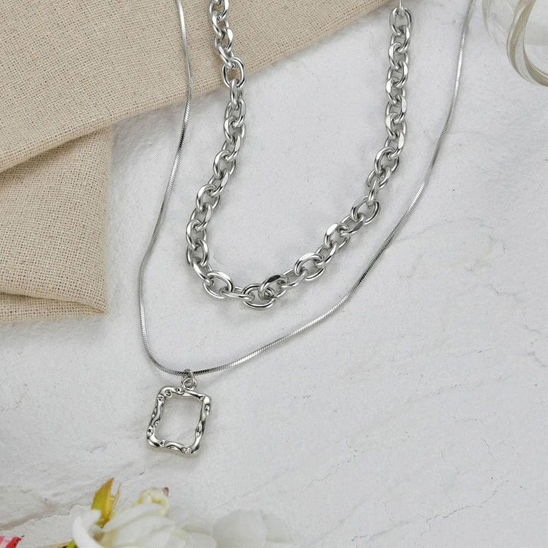 Women Jewelry Square Pendant Double Layer Multilayer Necklace Long Link Chain