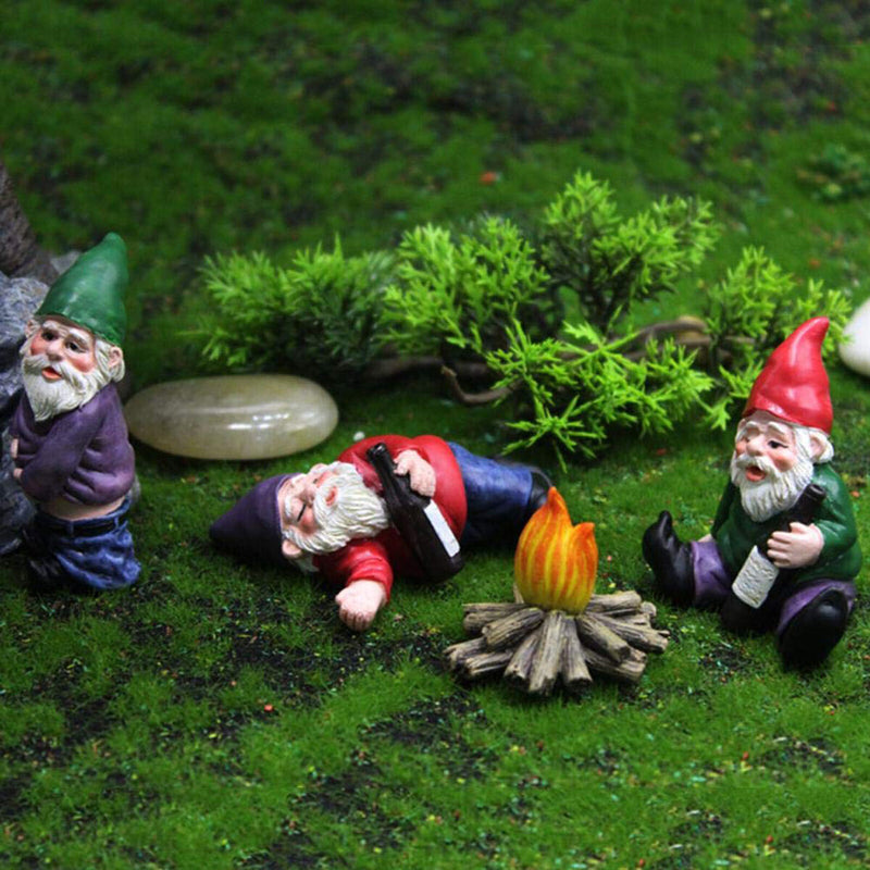 Garden Decoration Figures, Mini Fairy Garden Gnome Dwarf Statue Funny, 4 Pa