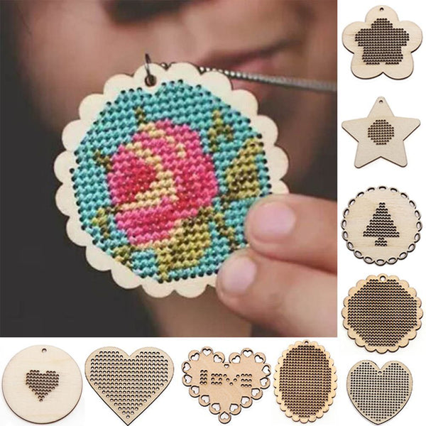 DIY Sewing Wooden Wood Embroidery Jewelry Pendant Key Ring Making Cross Stitch