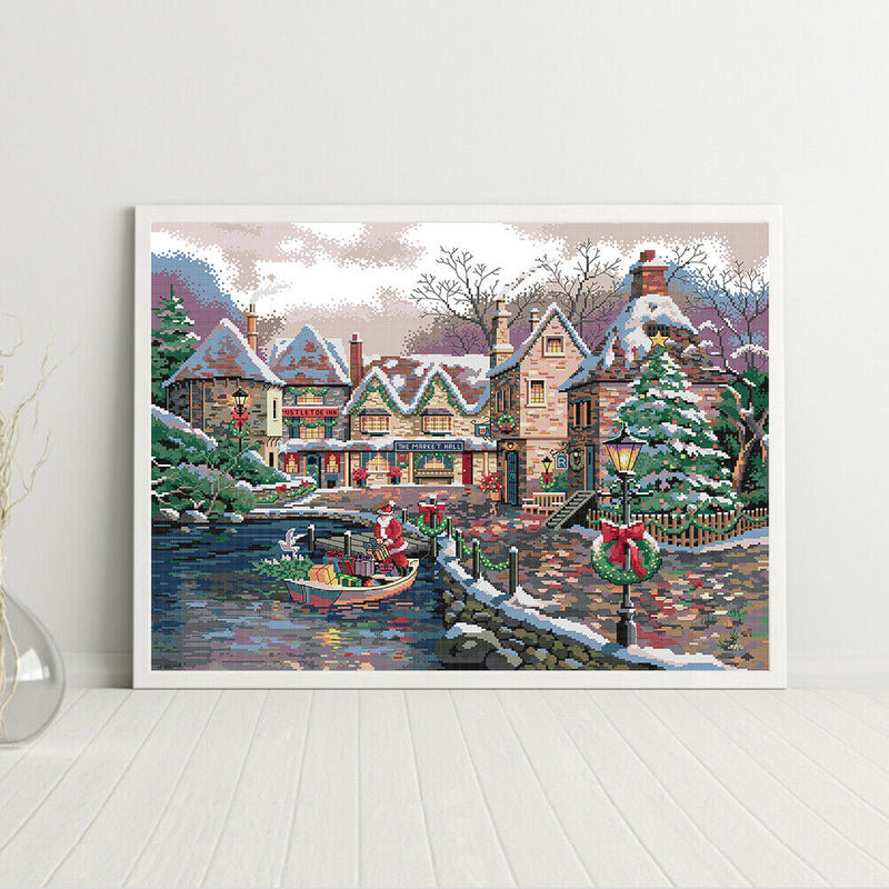 14CT Printed Partial Embroidery Christmas Town Needlework DIY Cross Stitch