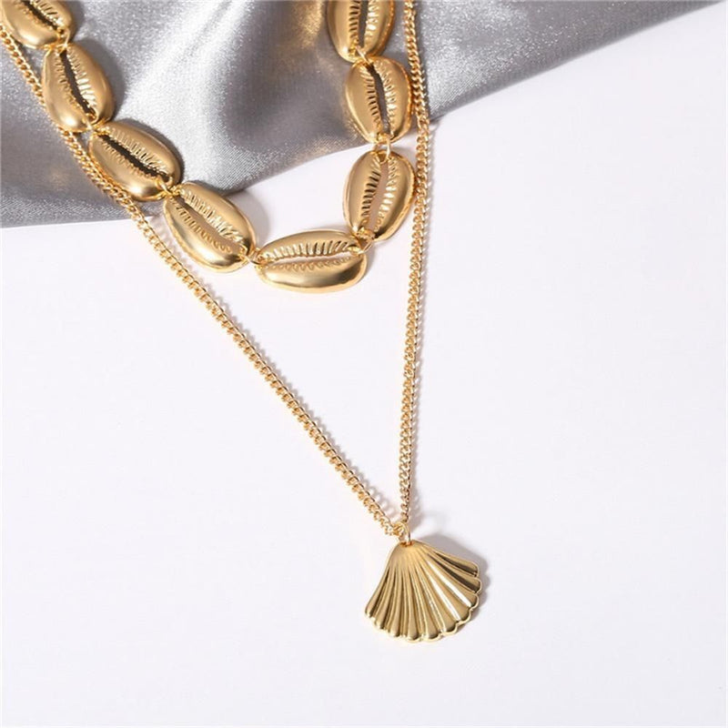 Women Beach Jewelry Bohemian Cowry Seashell Pendant Multilayer Shell Necklace