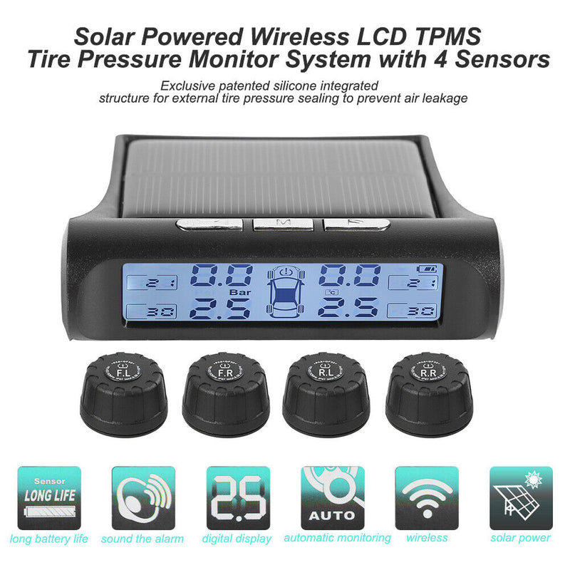 Solar Car TPMS Black White Screen Tire Pressure Monitoring System with 4 Sensors