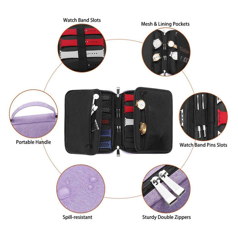 Portable Watch Band Organizer Storage Bag USB Cable Travel Handbag (Purple)