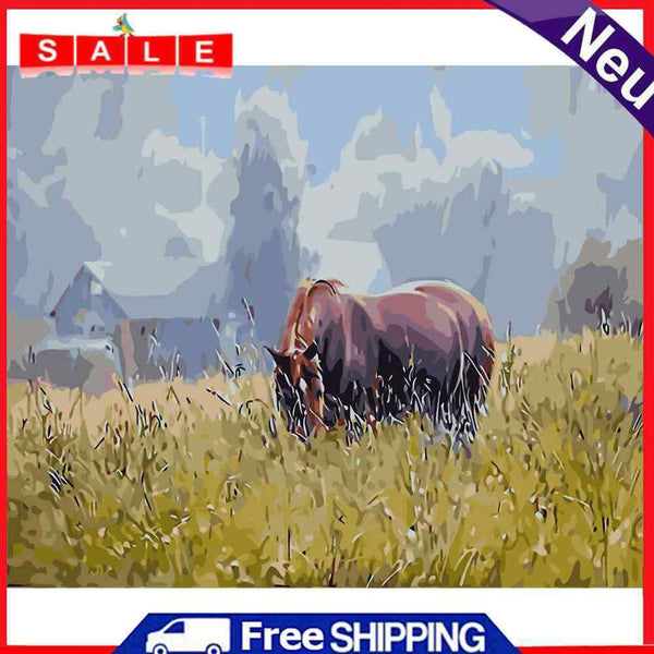 DIY Oil Painting By Numbers Kit Horses Eat Grass Hand Painted Picture Home Decor