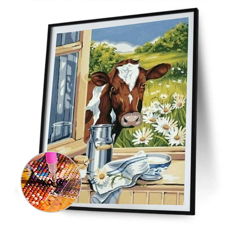 DIY Diamond Painting Window Cow Full Round Drill Mosaic Art Picture Decor Gift