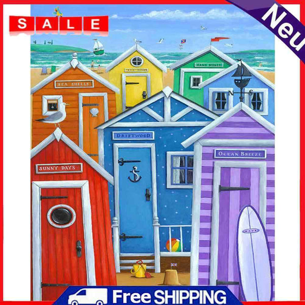 Oil Paint By Numbers Sea Colorful House Frameless Picture Craft Kit for Home
