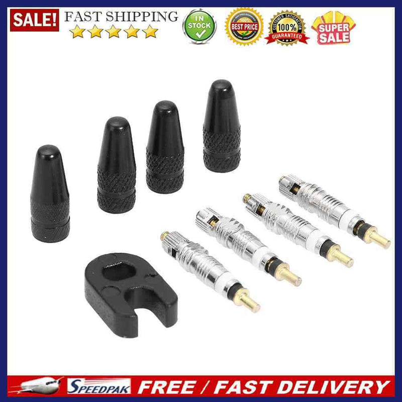 4pcs Presta Valve Stem Caps+ 4pcs Valve Cores+ Wrench Tool Kit (Black)