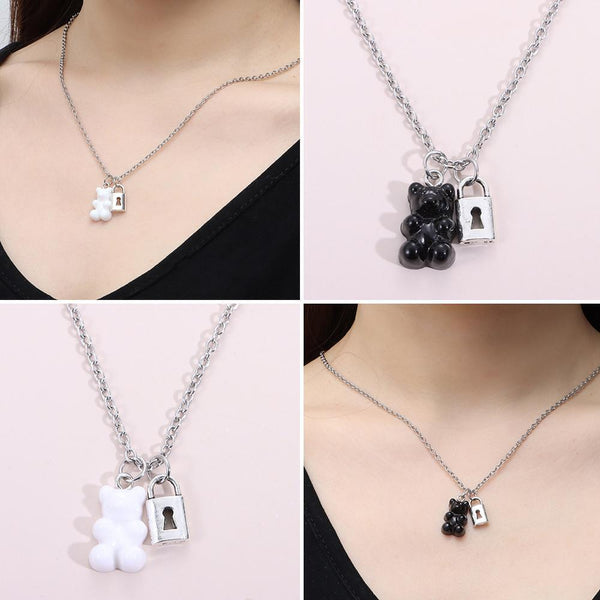 Women Double Chain Bear Pendant Necklace Clavicle Chain Pendant Choker Charm