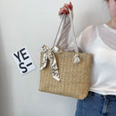 Women Straw Woven Shoulder Tote Bag Casual Silk Scarf Large Capacity Handbags