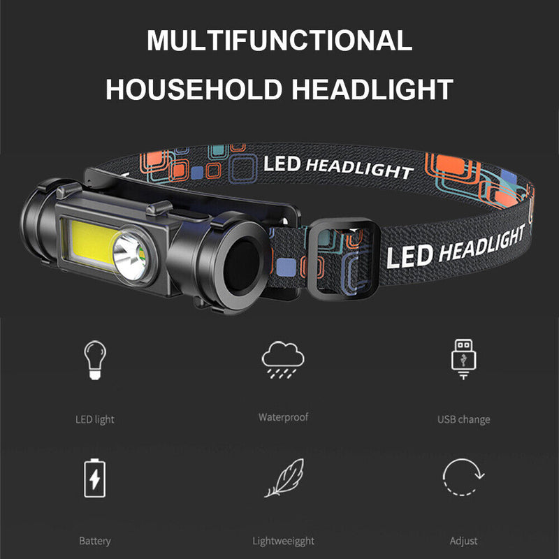 LED COB Headlamp Flashlight USB Rechargeable Mini Magnet Outdoor Headlight