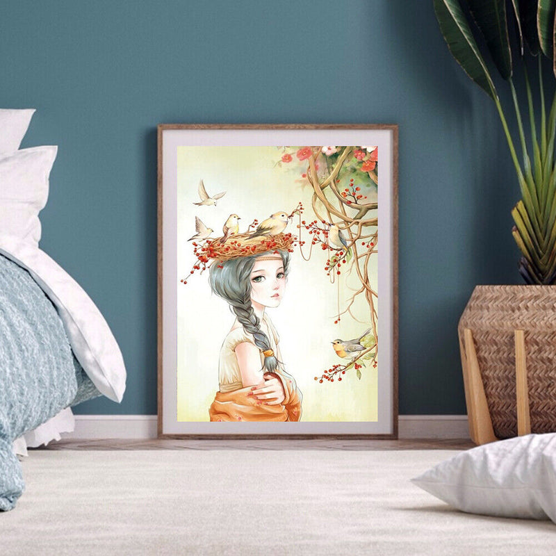 DIY Digital Oil Painting Kit Girl with Birds Abstract Acrylic Paint by Numbers