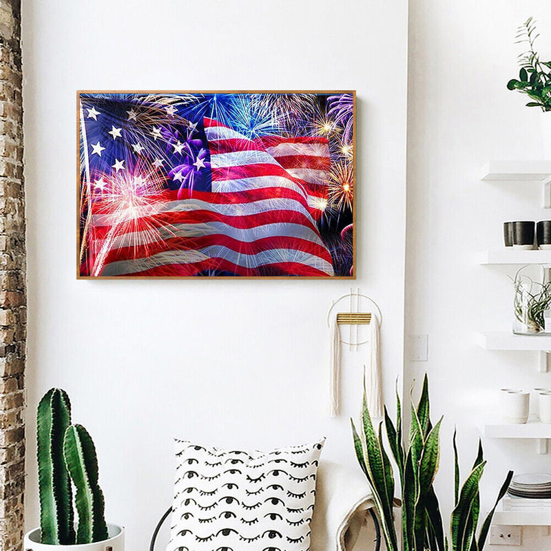 Mosaic Craft Picture Poster DIY Firework American Flag Diamond Painting Decor
