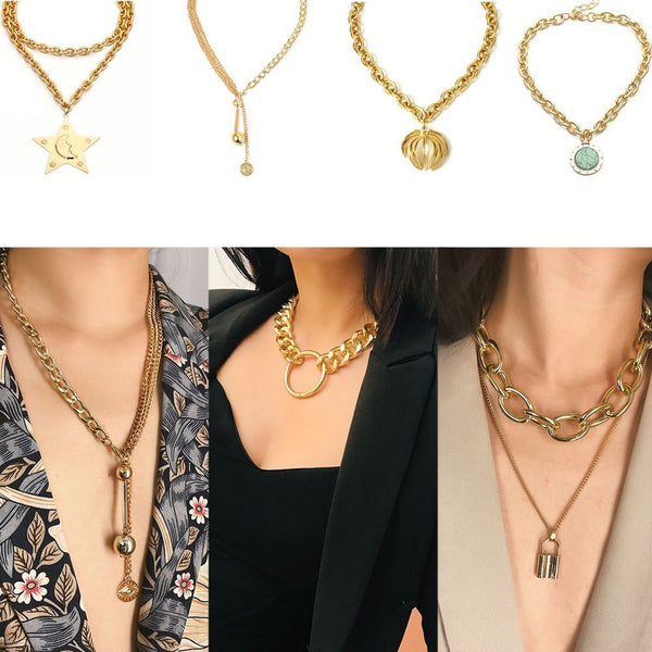 Exaggeration Women Punk Choker Coin Pendant Necklace Long Chain Multi-layer