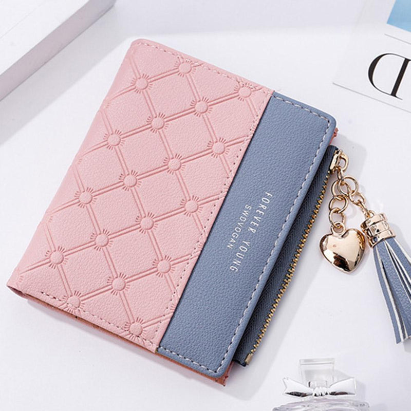 Tassel Zipper Coin Purse Checked Splicing Color PU Women Wallets (Pink)