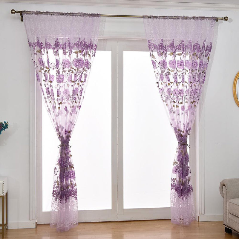 Peony Flower Offset Printing Curtain Yarn Tulle Curtain for Decor(Purple)