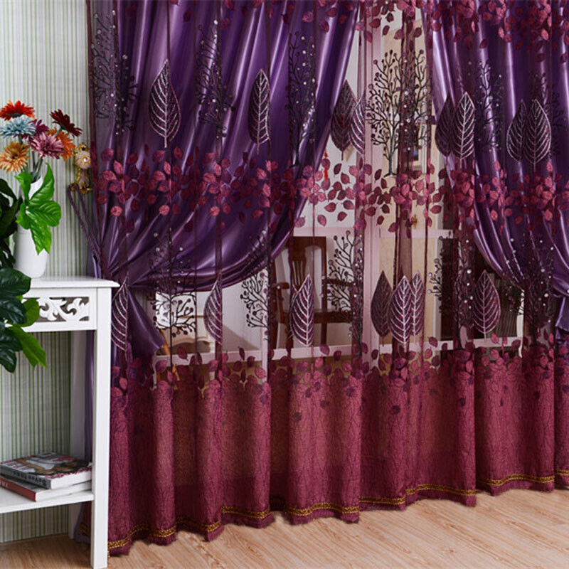 Flower Printing Curtain Yarn Tulle Window Curtain Panel for Bedroom (Purple