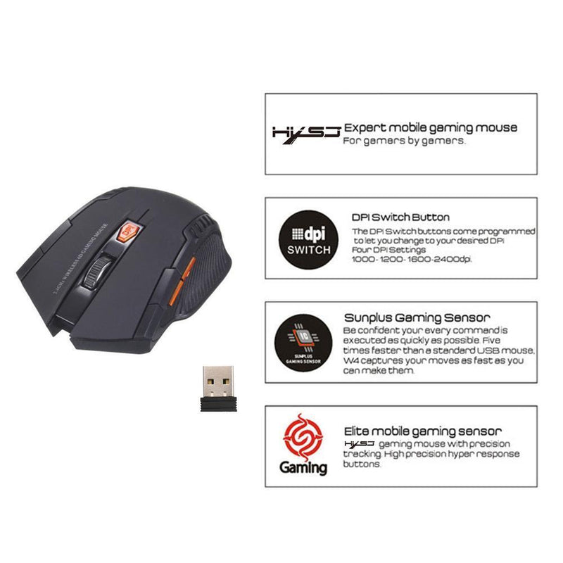 2.4GHz Wireless Optical Mouse 2400DPI 6 Button USB Optical Gaming Mouse for Ga