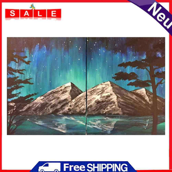 Aurora Night Mountains Oil Paint By Numbers 2 Panels DIY Picture for Adults Kids