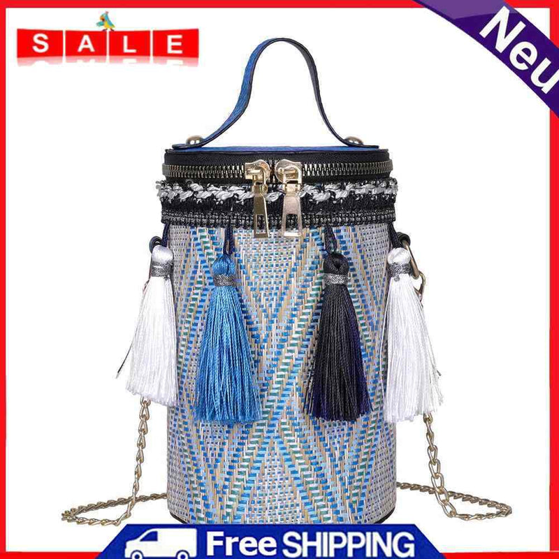 Tassel Shoulder Handbags Leather Weaving Ethnic Women Small Crossbody Bucket Bag