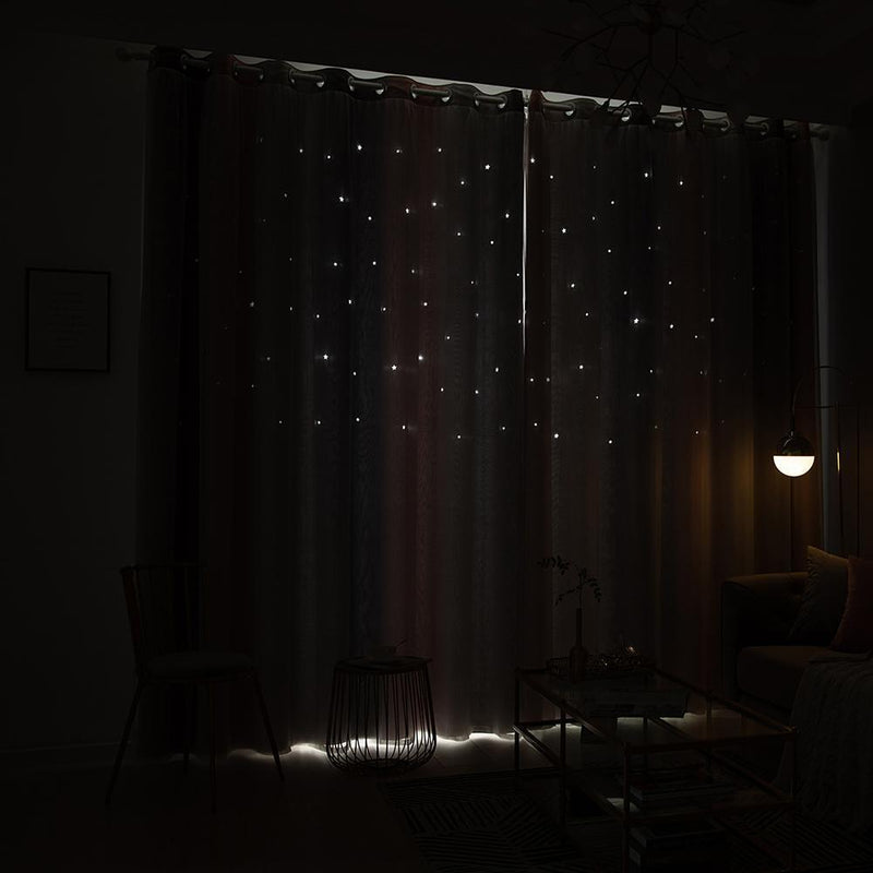 Gradient Hollow Star Curtain Bedroom Full Blackout Window Drapes (Grey)