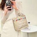 Fashion Linen Tote Handbag Women Pompom Shoulder Shopping Lunch Bag (White)