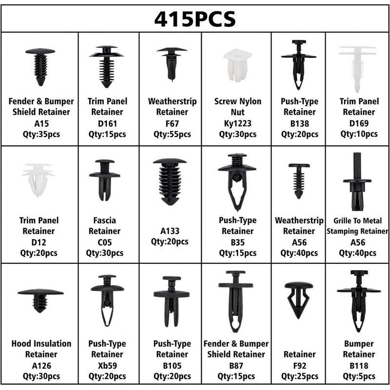415pcs Car Bumper Retainer Clip+Screwdriver+4xTools+5xZip Tie+20xSponge Washers