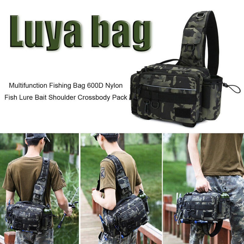 600D Nylon Fishing Tackle Bag Fish Lure Crossbody Pack (Dark Camouflage) Newly