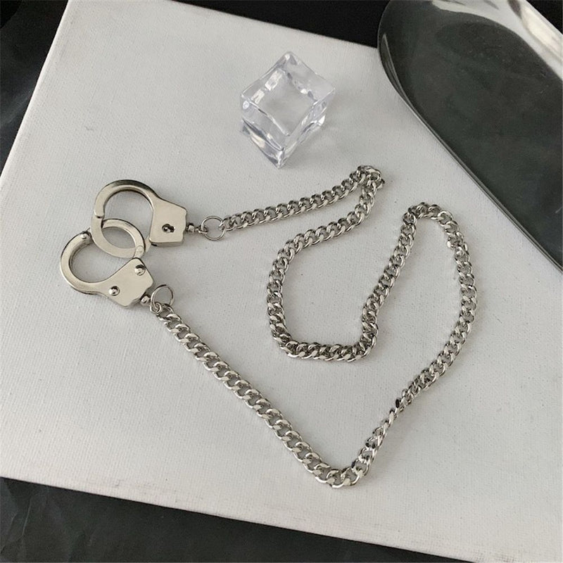 Women Mens Biker Rock Punk Necklace Dark Gothic Handcuffs Pendant Chain Choker