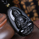 Fashion Lucky Blessing Black Amulet Buddha Pendant Necklace Carving Obsidian