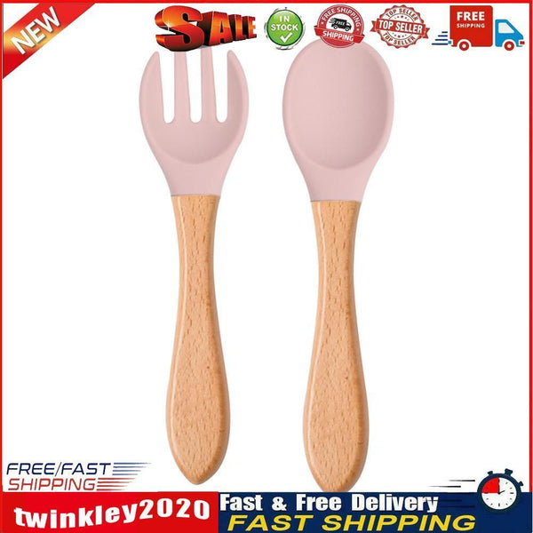 Baby Wooden Silicone Feeding Spoon Toddlers BPA-free Tableware (26) Newly