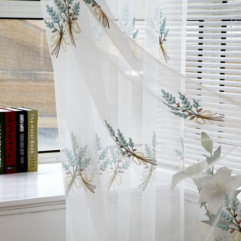 2m Screen Embroidery Sheer Voile Window Drape Curtain for Living Room(Blue)
