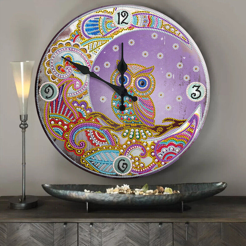 30 x 30cm Metal Tin Diamond Painting Clock DIY Owl Rhinestone Picture Wall Decor