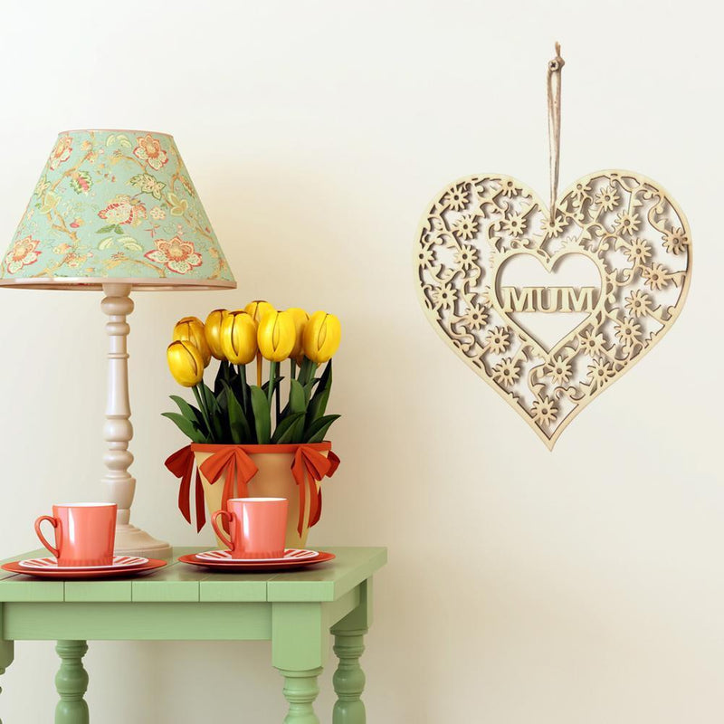 Creative Love Heart Hollow Wood Plaque Pendant Mothers Day Hanging Ornament Craf