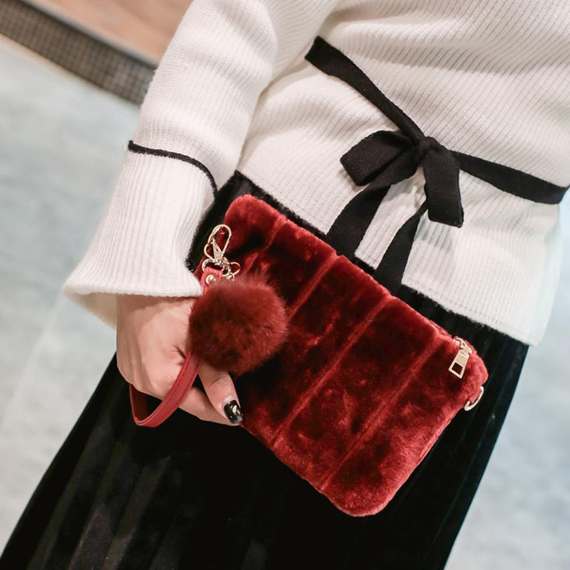 Women Clutch Fur Plush Bag Casual Handbag Winter Crossbody Bag(Wine Red)
