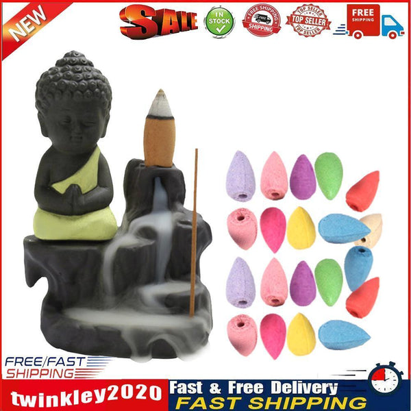 20pcs Incense Cones 1pcs Burner Buddha Waterfall Backflow Stove (Yellow) Newly