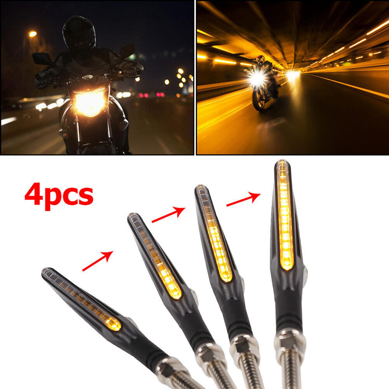 4x Amber LED Motorcycle Turn Signal Flowing Water Bendable Indicator Universal