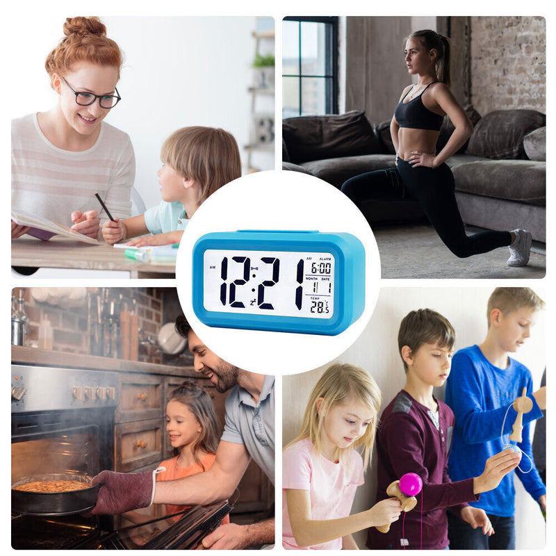 Temperature Alarm Clock LED Digital Backlight Calendar Snooze Clock (Blue)