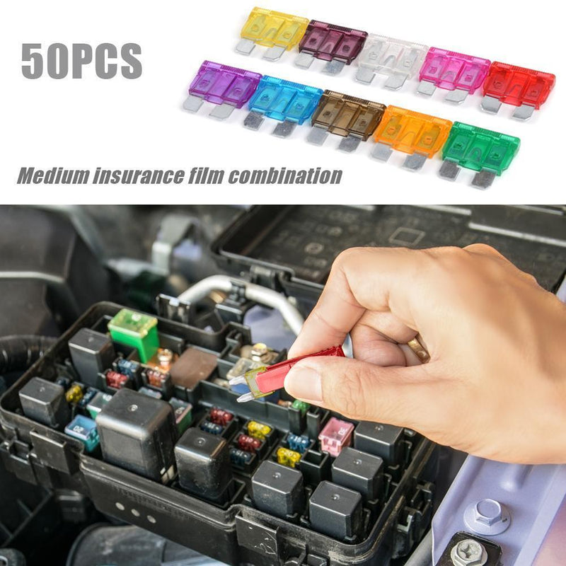 50pcs Assorted Medium Size Car Fuses Automotive Blade Fuse with Plastic Box+Clip