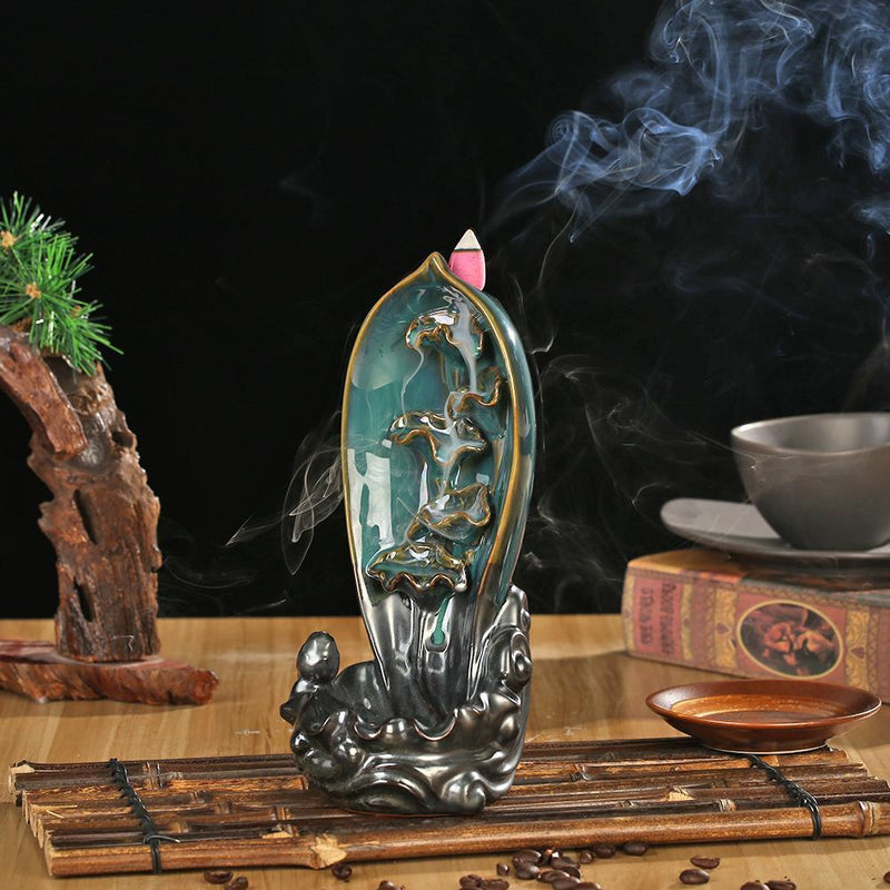 Carp Lotus Shape Ceramic Backflow Burner Incense Censer for Home Office Ornament
